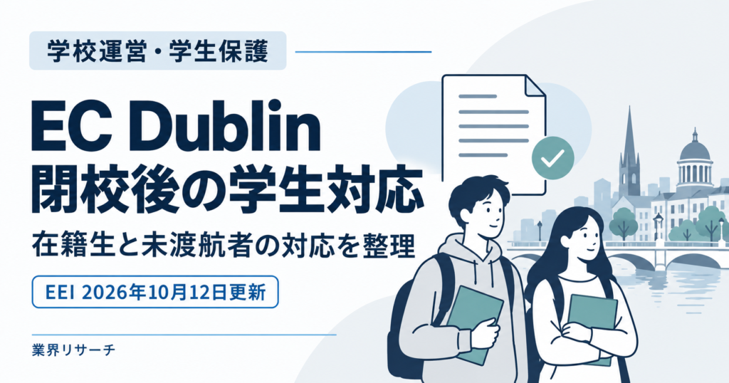 EC Dublin閉校後の学生対応。在籍生と未渡航者の対応を整理。EEI 2026年10月12日更新。学生と資料を描いた編集用イラスト。