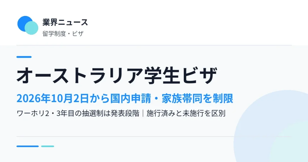 オーストラリア学生ビザ、2026年10月2日から国内申請・家族帯同を制限｜ワーホリ2・3年目の抽選制は発表段階｜業界リサーチ