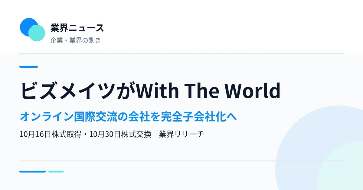 ビズメイツがオンライン国際交流のWith The Worldを完全子会社化することを伝える業界ニュースのサムネイル|業界リサーチ