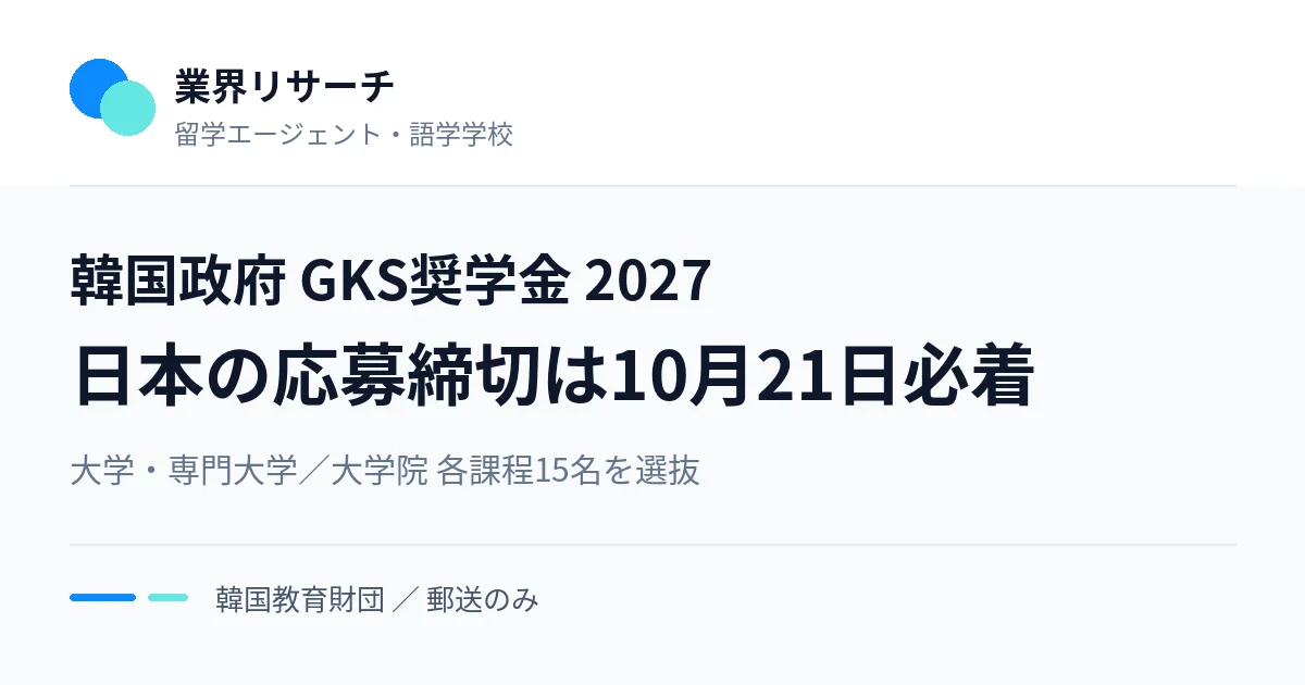 韓国政府GKS奨学金2027の募集。日本の応募締切は10月21日必着、大学・専門大学課程と大学院課程で各15名を選抜