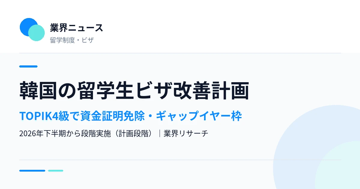 韓国法務部の留学生ビザ改善計画（TOPIK4級で資金証明免除、ギャップイヤー枠、2026年下半期から段階実施）を示す業界リサーチのアイキャッチ画像