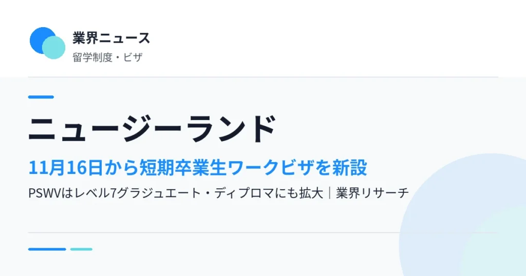 ニュージーランド、11月16日から短期卒業生ワークビザ（6か月）を新設｜PSWVはレベル7グラジュエート・ディプロマにも拡大｜業界リサーチ